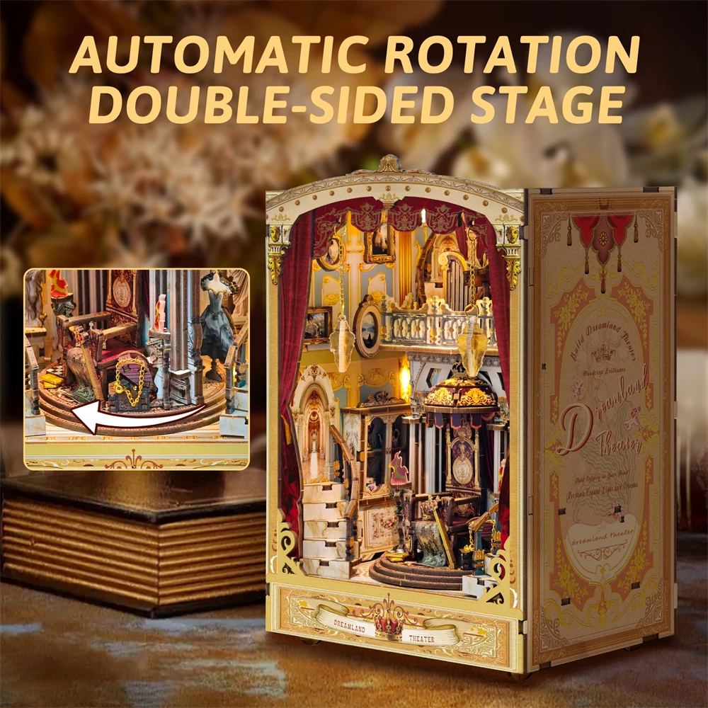 FurHaven Retro DIY Wooden Book Nook Figurines Miniature Kits Dreamland Theater Bookshelf Home Bookend Decoration For Adult Gifts