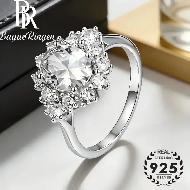 BR New S925 Silver Moissanite Snowflake Ring for Women, European American Fashion Simulated Diamond, Delicate Stackable Gift