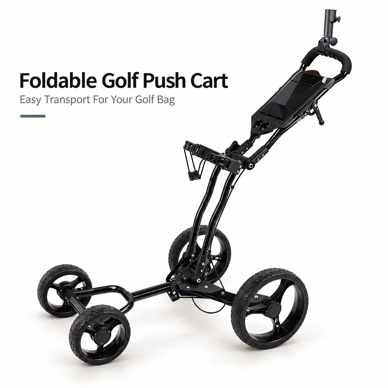 AOLIVIYA Foldable Four Wheel Golf Push Cart Golf Bag Trolley With Umbrella Holder Cup Holder Manual Brake