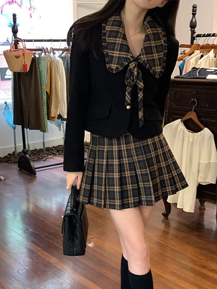 HOUZHOU Plaid Mini Skirt Women Kawaii Preppy Style Pleated Skirt Korean Fashion High Street School Uniform Long Sleeve Tops