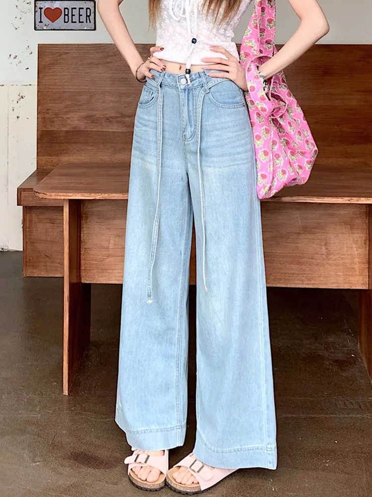 กางเกงยีนส์วินเทจทรงหลวมเอวสูงแบบมีเชือกผูกสำหรับผู้หญิง สไตล์ลำลอง สตรีทแวร์ แฟชั่นทรงตรง