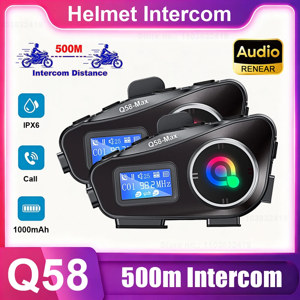Q58 Max Motorcycle Helmet Intercom 500m Headset Wireless Bluetooth Stereo Headphones For Moto Cycling Intercom Helmet Headset