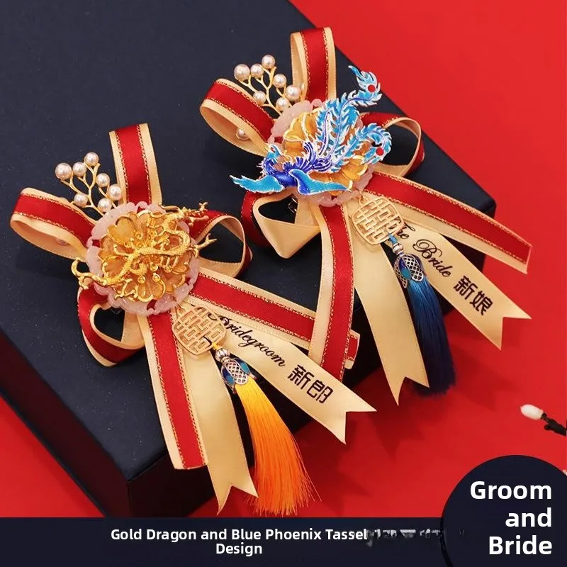 

Chinese Style Wedding Chest Flower Full Set Groom And Bride High End Chest Pin Bouquet Ties Festive Supplies New Couple