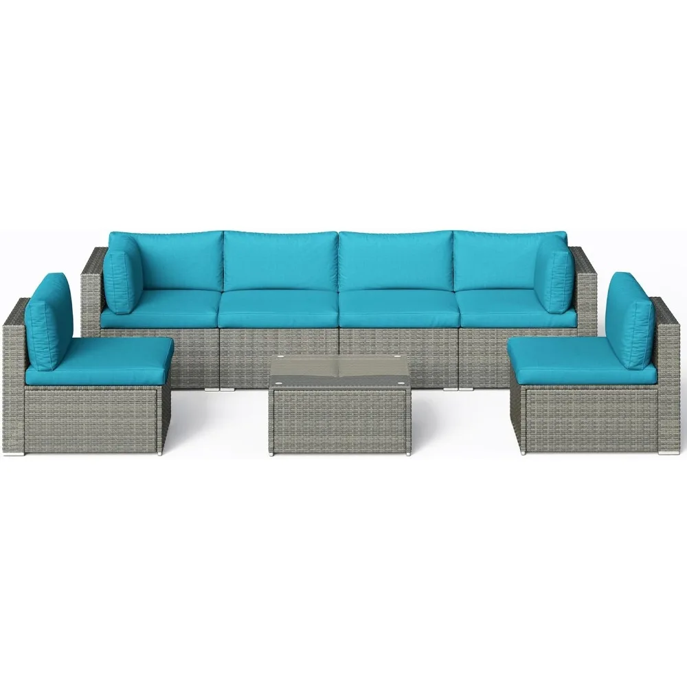 

7 Piece Patio Furniture Sets All Weather Grey PE Wicker Couch Sofa with Glass Table, Removable Blue Cushions Patio Set