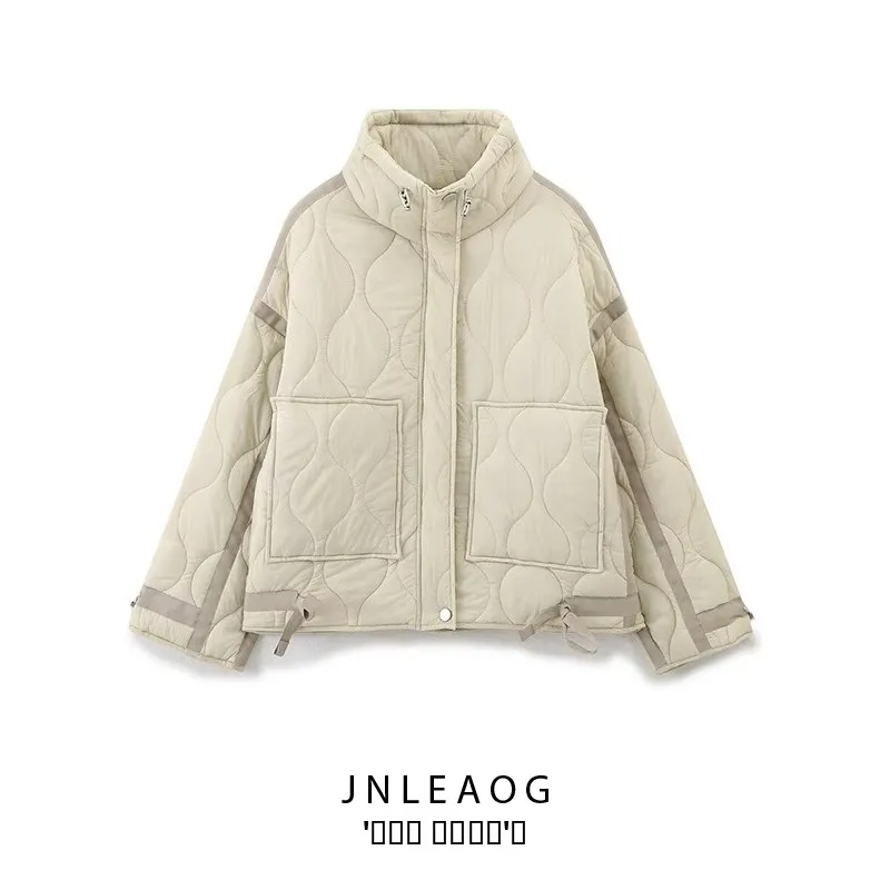 

JNLEAOG New Women's Cotton Jaet Coat with Knot Design Street Sle Long Sve High Collar Autumn Faion
