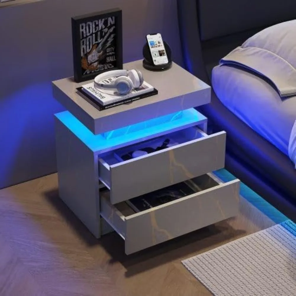 Modern Bedside Table, Dimmable Night Light, Bedside Table Touch Switch RGB Color Changing, Storage Cabinet for Bedroom