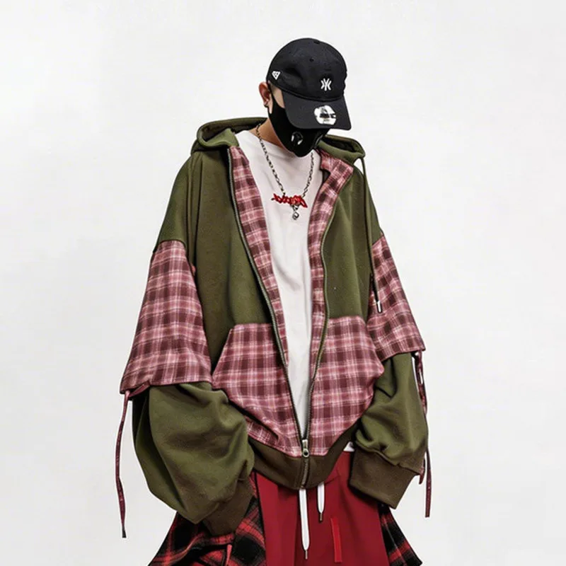 HKSH Autumn New Men's Tide Chic Ins Hip-hop Trendy Brand Loose Hoodie Jackets Oversize Plaid Patchwork Hooded Sweatshirt HK25420