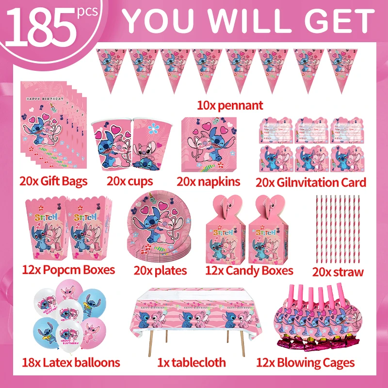 Disney Stitch Birthday Party Decoration Supplies Set Cartoon Pink Angel Tableware Paper Napkins Plates Cups Happy Birthday Kits