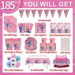 Decorazioni per feste di compleanno Disney Stitch Set di angeli rosa Stoviglie per cartoni animati Tovaglioli di carta Piatti Tazze Forniture per buon compleanno per bambini