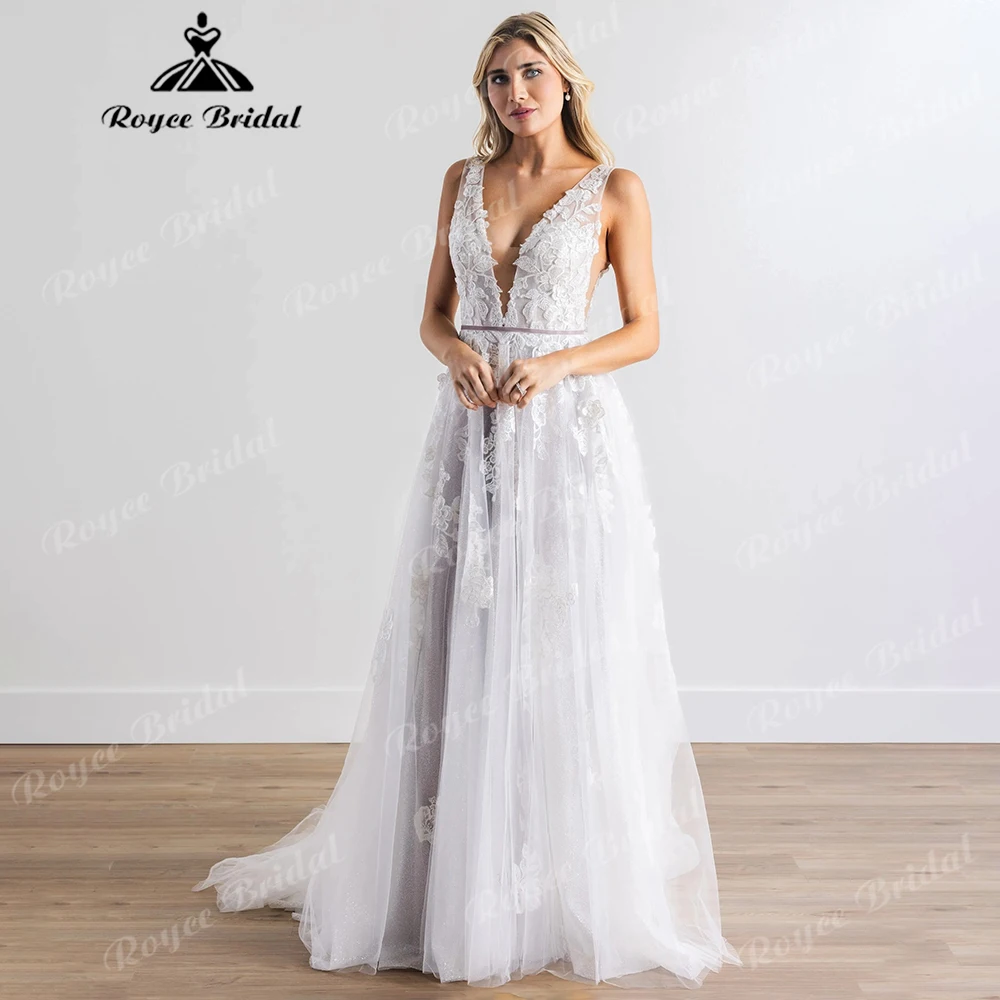 Tief ausgeschnittenes Spitzen-A-Linien-Hochzeitskleid mit Blumenapplikationen, Glitzer-Tüll, Brautkleid mit Taillengürtel und Schleppe, individuell anpassbar