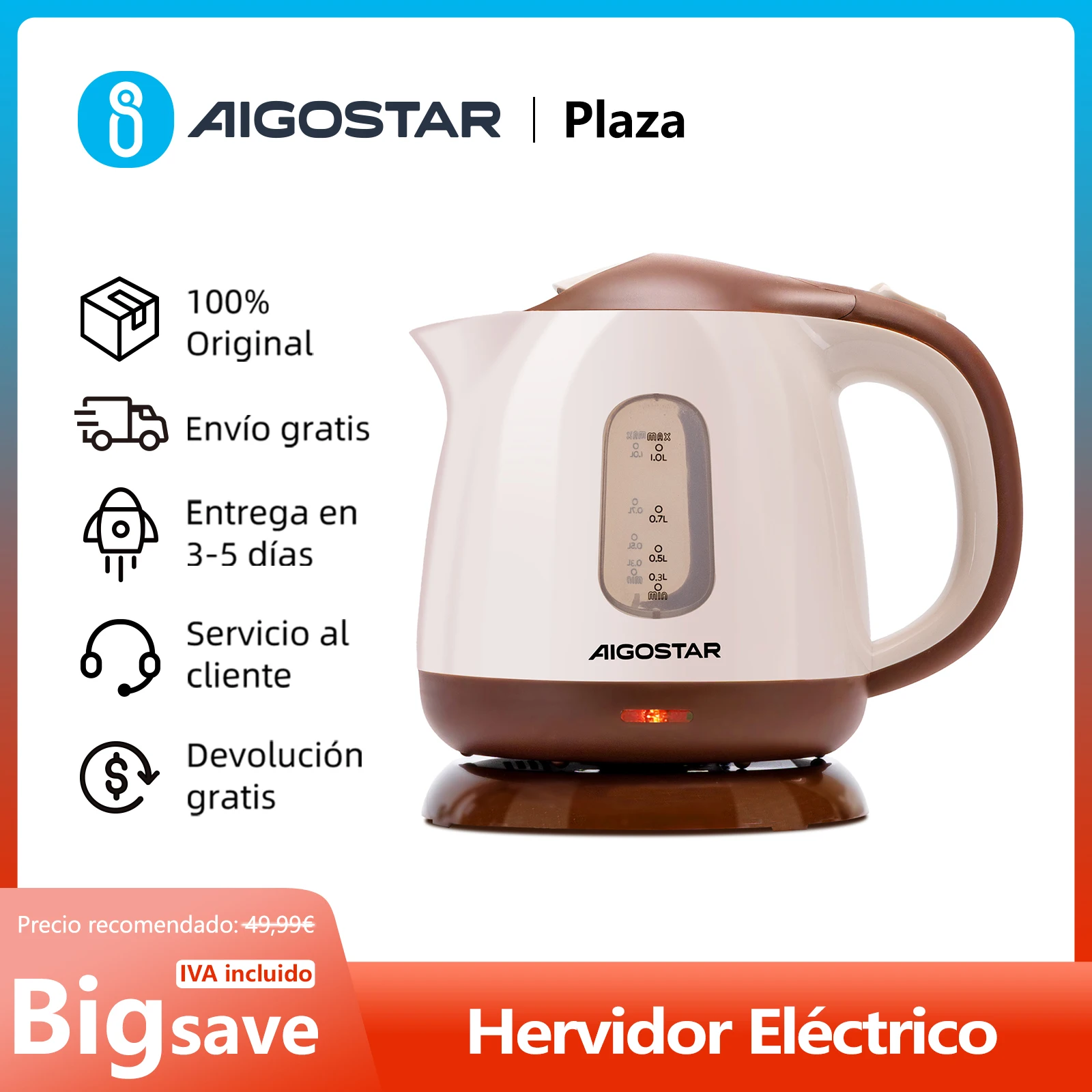 Hervidor Eléctrico Compacto de 1 Litros, Libre de BPA, Filtro Antical Desmontable, Doble Sistema de Seguridad, Base 360º, 1100 W
