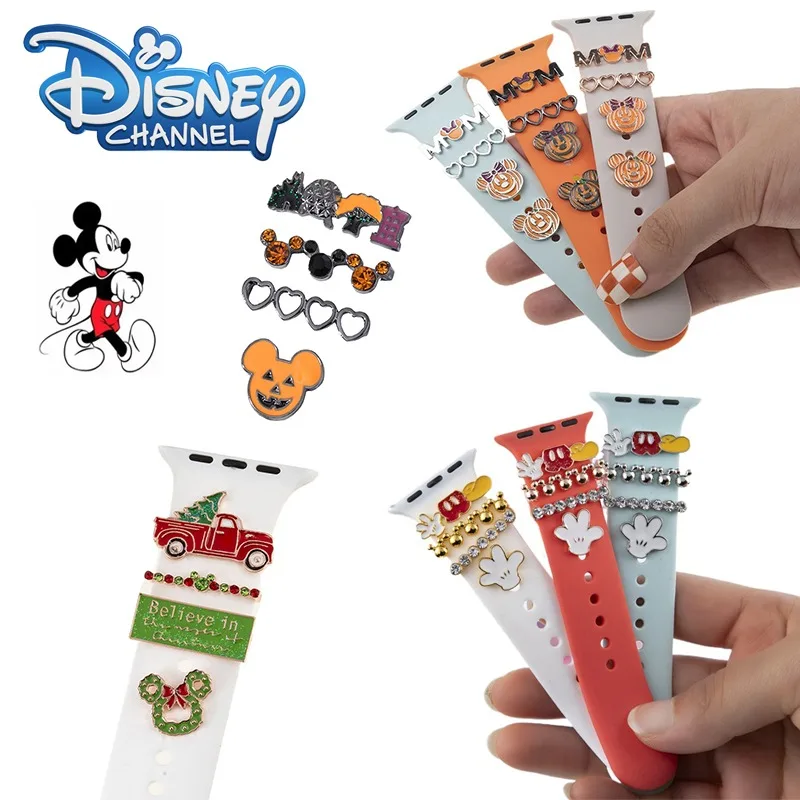 Disney Mickey Watchband Charms 4PCS/set Bracelet Silicone Strap Jewelry Accessories Matel Watch Band Rings Gifts for Christmas