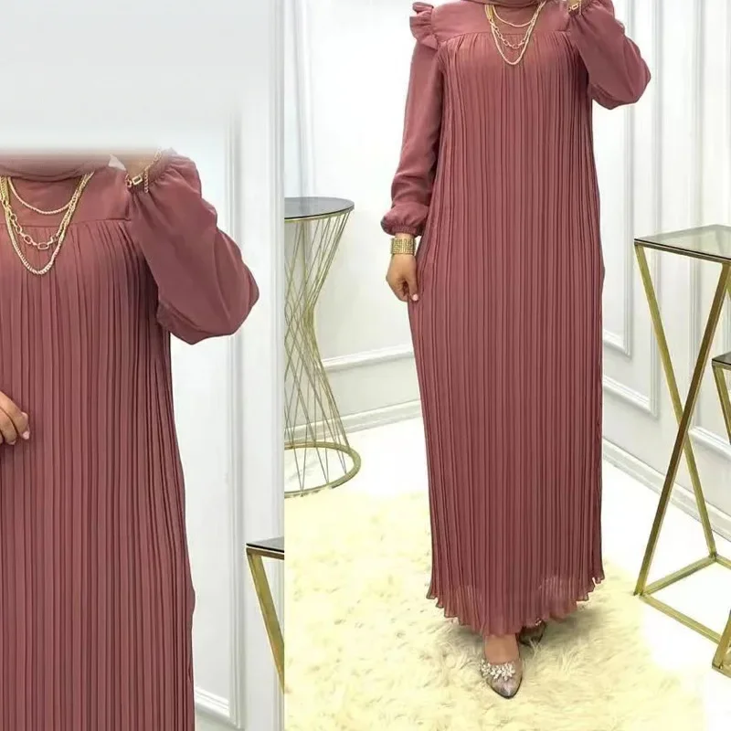 

High Quality Women Modest Simple Dresses Casual Solid Muslim Dress Women Fashion High Neck with Belt Abayas for Women Vestidos