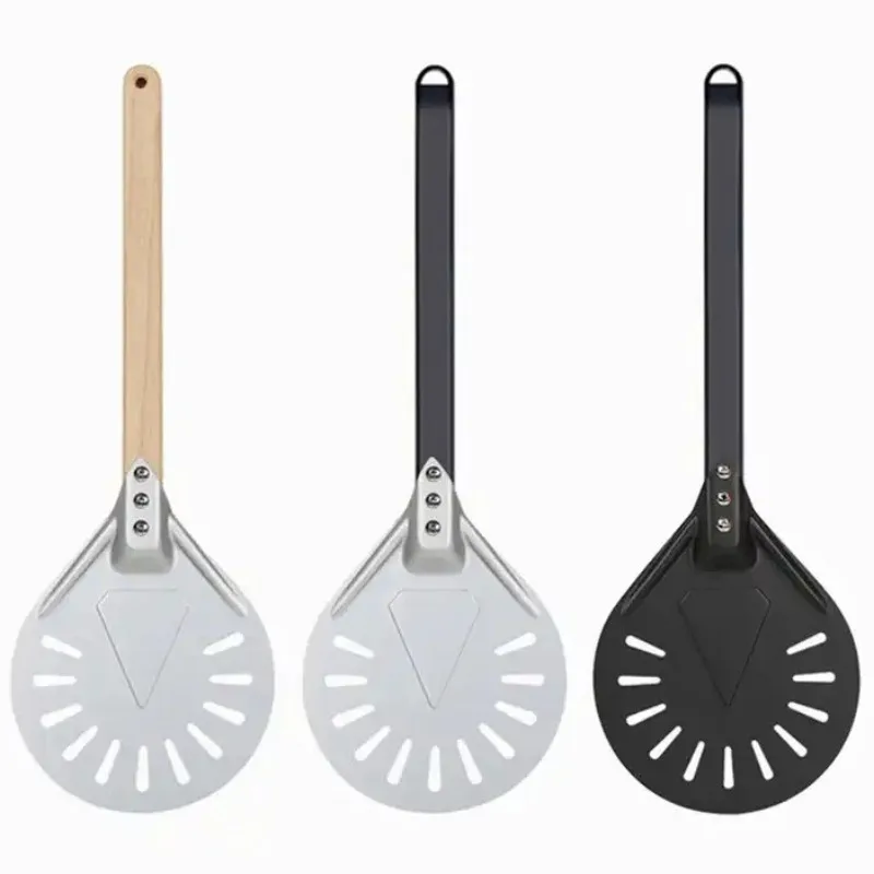 Pizza drehendes kleines Pizzaschälenpaddel, kurzes rundes Werkzeug, rutschfester Holzgriff, 7, 8,9 cm, perforierte Pizzaschaufel aus Aluminium