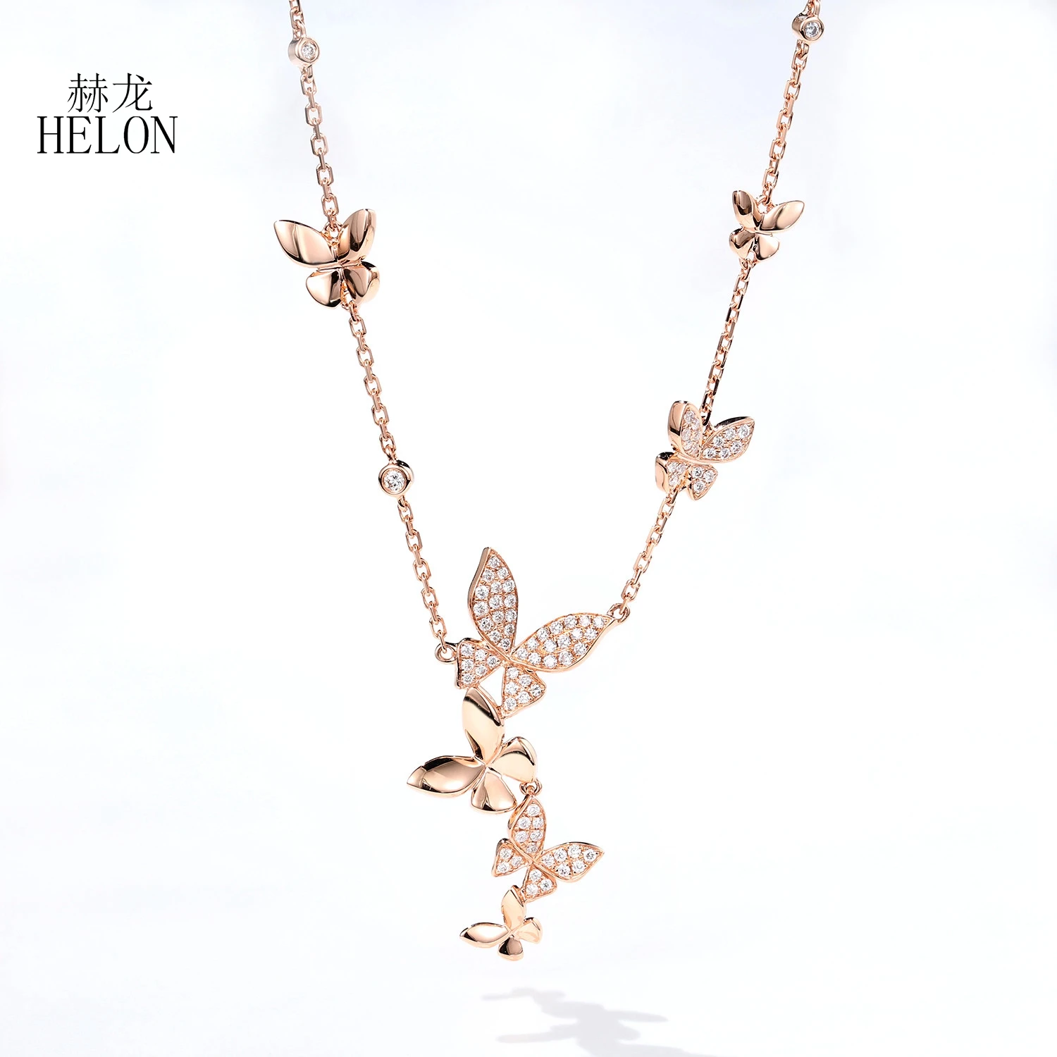 HELON 0.28ct Natural Diamonds Solid 18K Rose Gold Necklaces For Women Diamond Necklaces butterfly Shape Trendy Fine Jewelry Gift