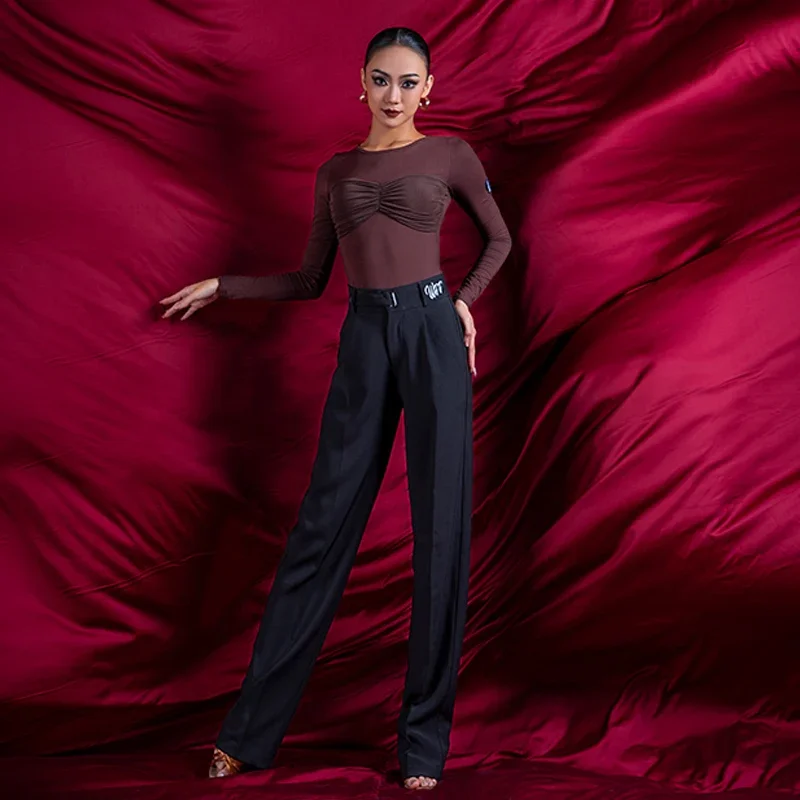 Pantalons de danse de salon taille haute pour femmes adultes pantalons de danse latine Samba femme vêtements de danse moderne Costume d'entraînement SL9365