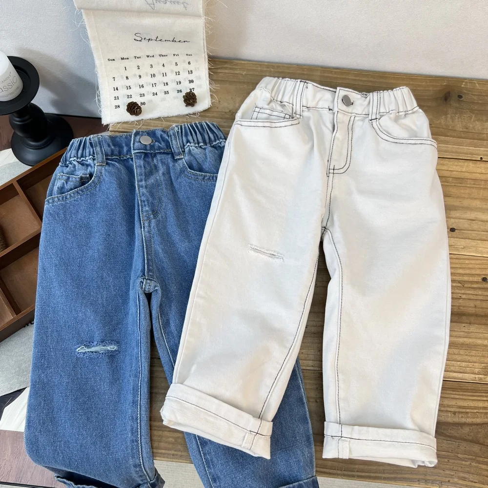 

Chlidrens Chic Jeans 2025 Autumn Spring New Korean Fashion Casual Daily Washed Ripped Loose Straight Denim Pants