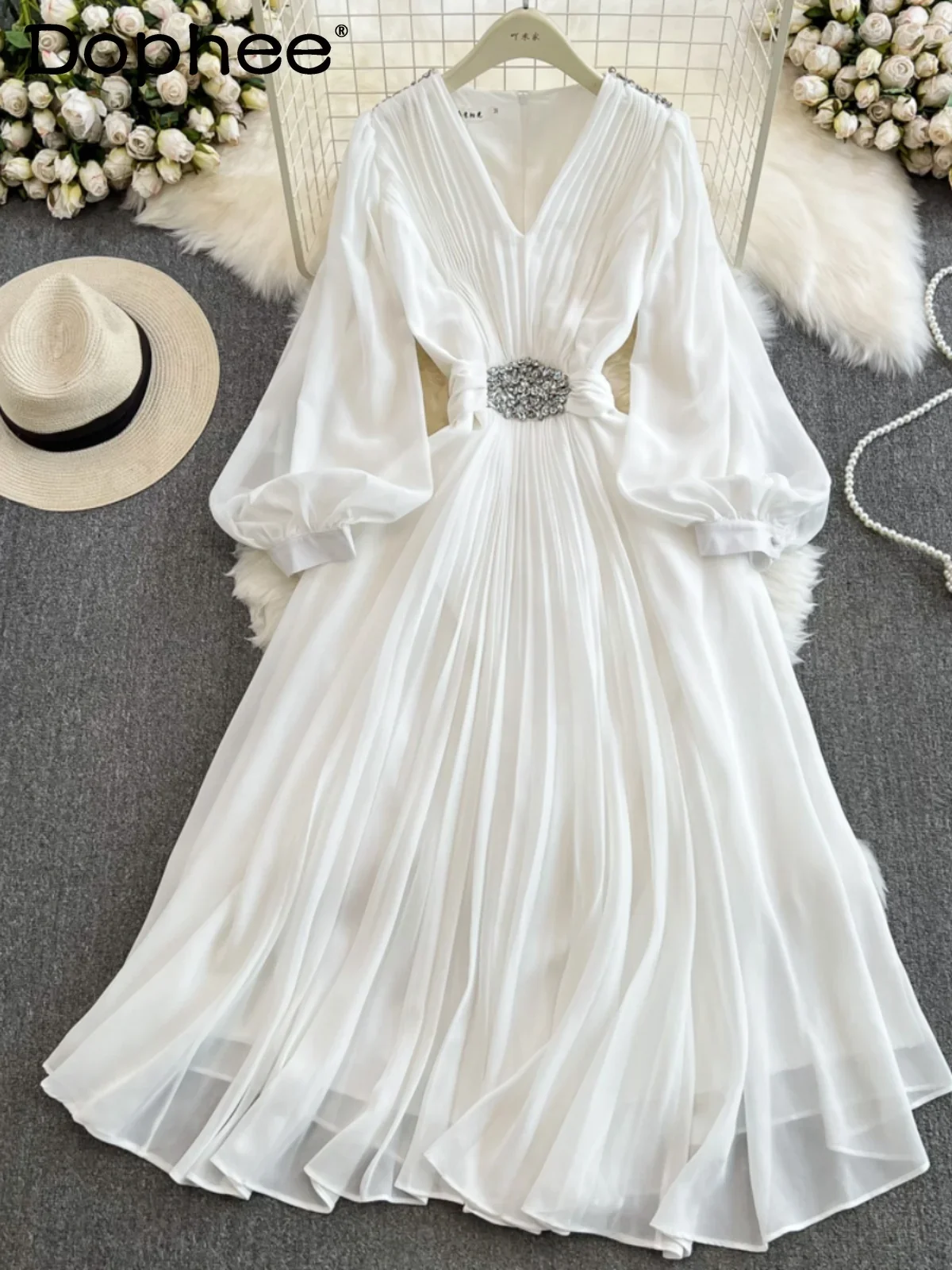 Seaside Holiday Lantern Long-sleeved V-neck Waist A Line Chiffon Pleated Dress Elegant Pendulum Dress Long Dresses for Women