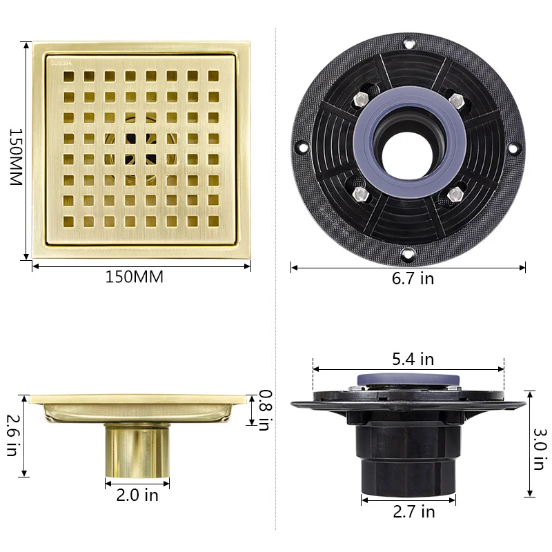 11/15CM Square Stainless Steel Floor Drain with Removable Cover Grid Grate Waste Filter Drainage Anti-odor Square Shower Floor