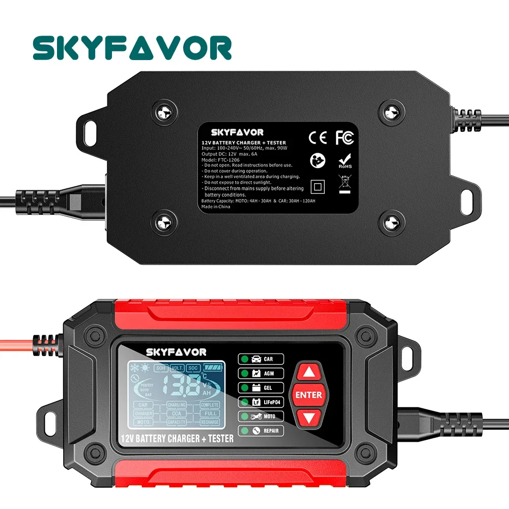 Smart Fully Automatic 12V Battery Charger 12V 6A LiFePO4 Wet AGM Gel Lead Acid Battery Charger with Maintainer Analyzer Tester