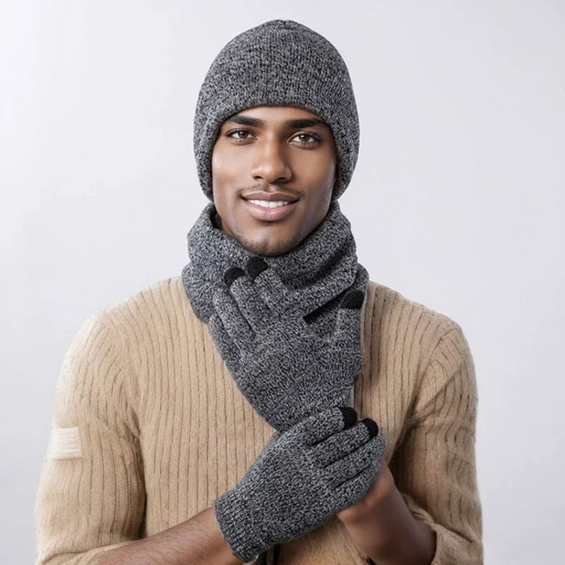 Chapéu de inverno masculino e cachecol luvas conjunto macio quente homem gorro de malha bonnets velo pescoço mais quente cachecol touchscreen luvas conjunto