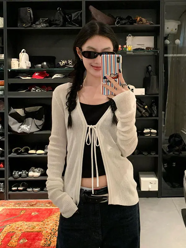 

White Thin Summer Knitted Ice Silk Wrap Cardigan Women's Outerwear with Belt Regular Fit V-Neck Long Sleeve Commute Style