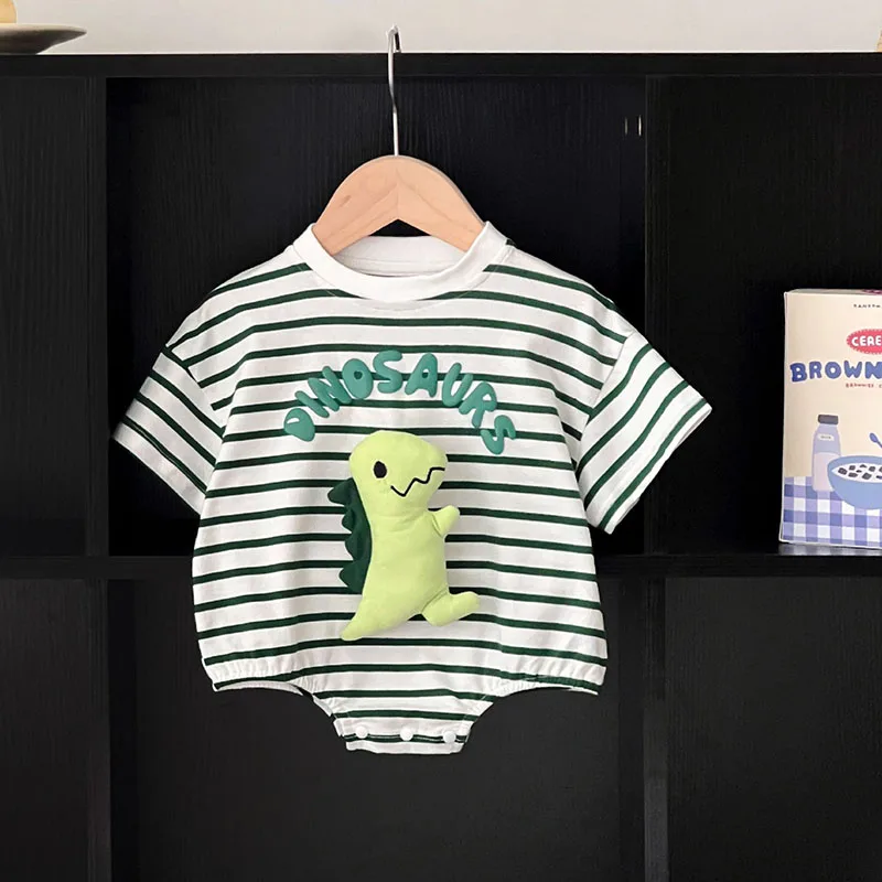 2024 New Summer Baby Girls Bodysuit 0-2T Thin Style Toddler Cute Striped Dinosaur Jumpsuit Infant Boys Outwear One Piece