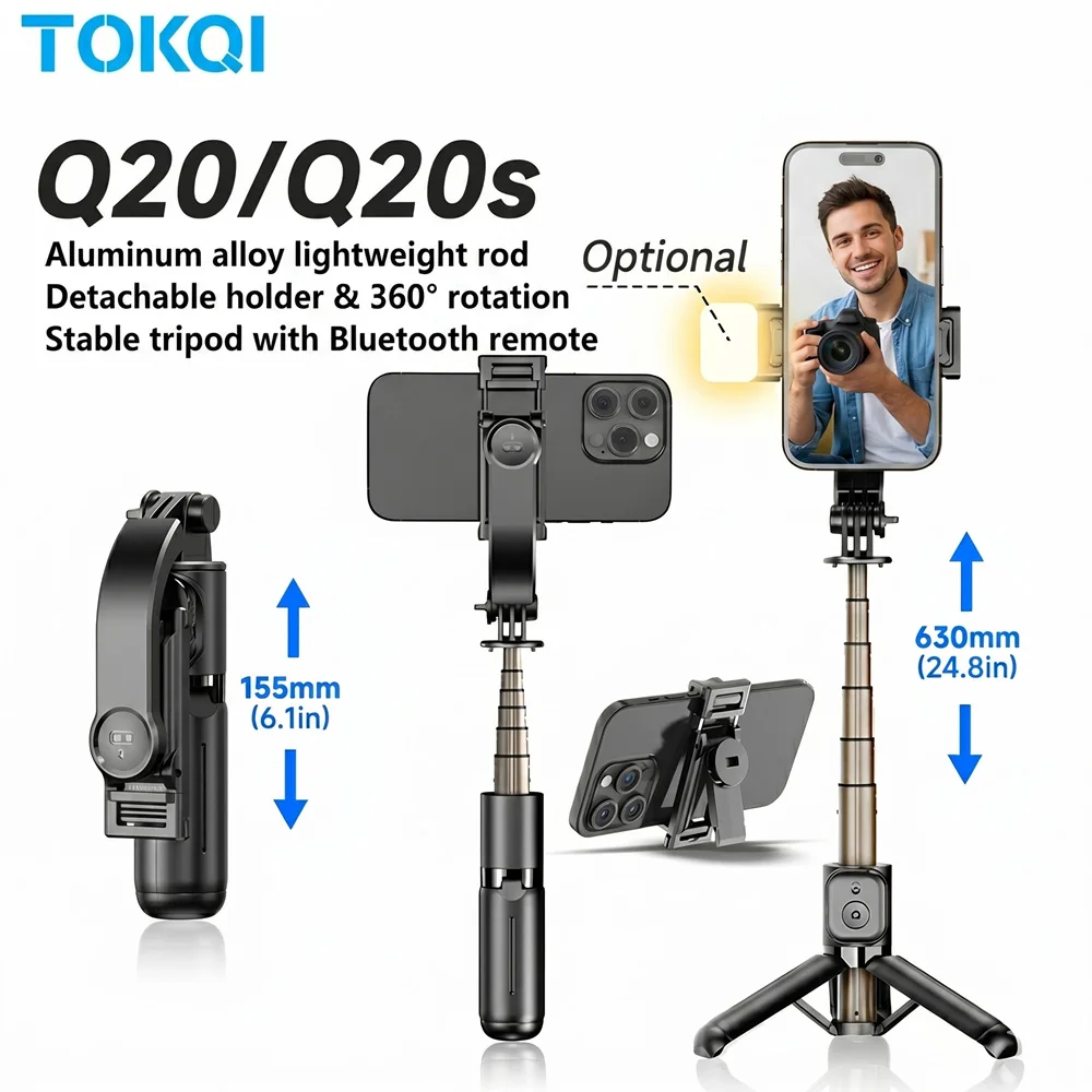 

TOKQI Mini Selfie Stick Tripod with 3 Color Fill Light Detachable Holder 360 Rotation Bluetooth Remote for Vlog Live Streaming