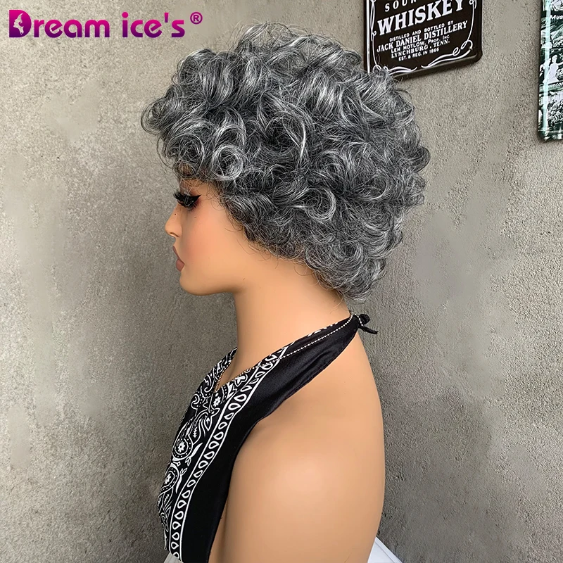 Mixed Black Gray White Short Curly Wig Women  Synthetic Wigs Pixie Cut Hair Wavy Curly Wigs for Women for Everyday Anime Cosplay