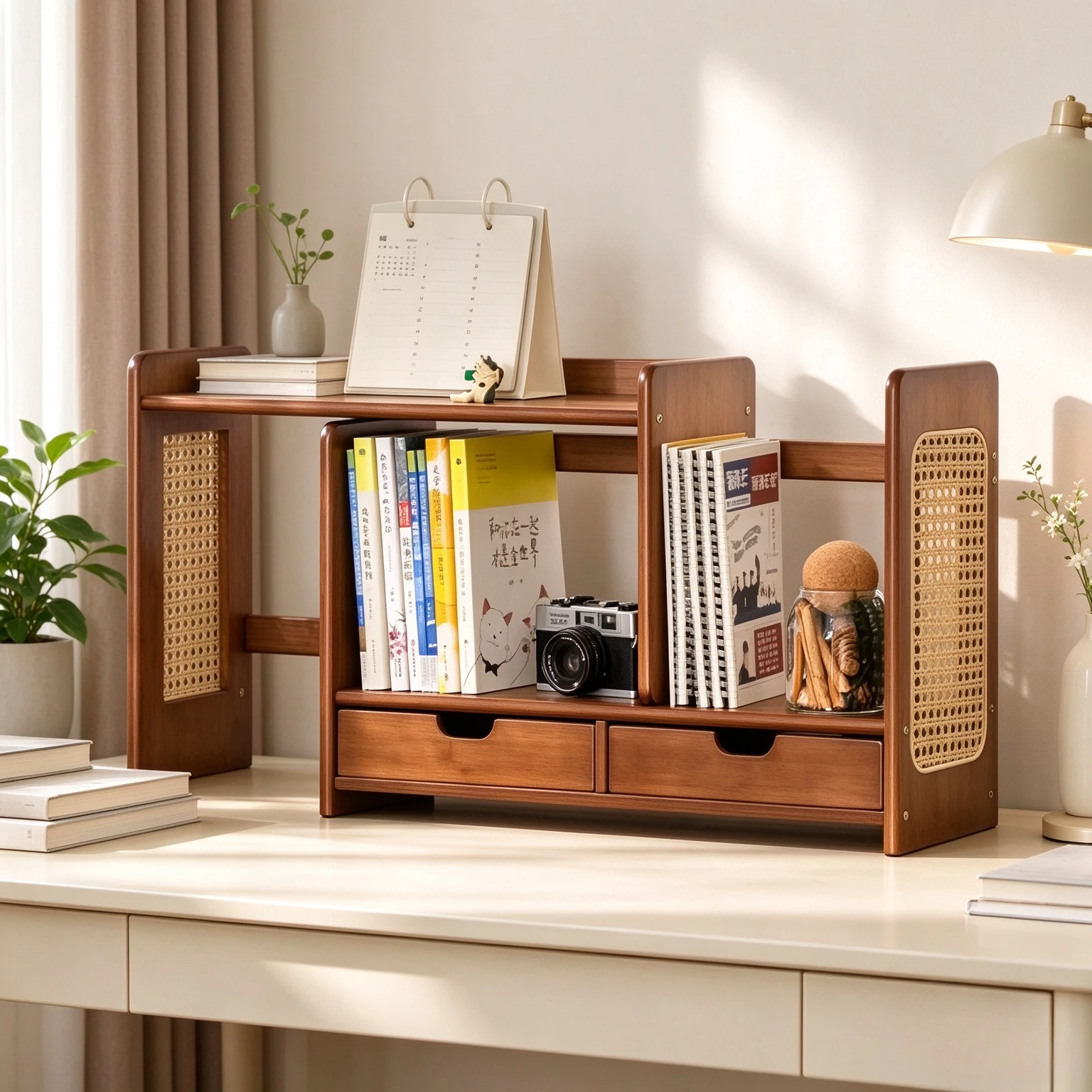 Scandinavian Style Bamboo Expandable Bookshelf with Drawer, Desktop Storage Cabinet Desk Organizer for Office and Home Storage