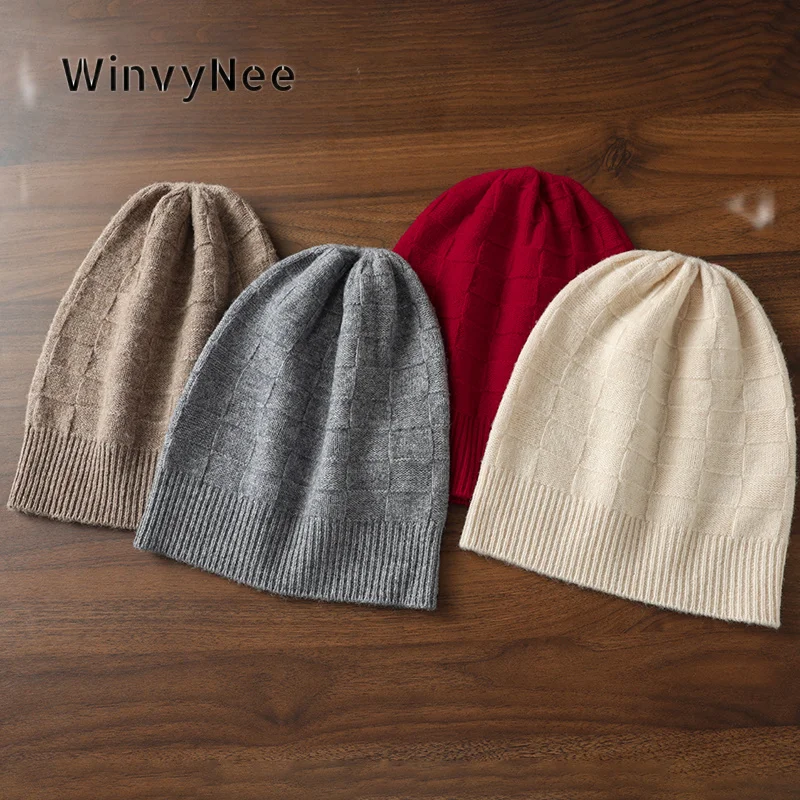 WinvyNee Women 100% Wool Checkerboard Knit Beanie Skullcap Pullover Cap Autumn Winter Warm Soft Jacquard Fine Headwear I1883030