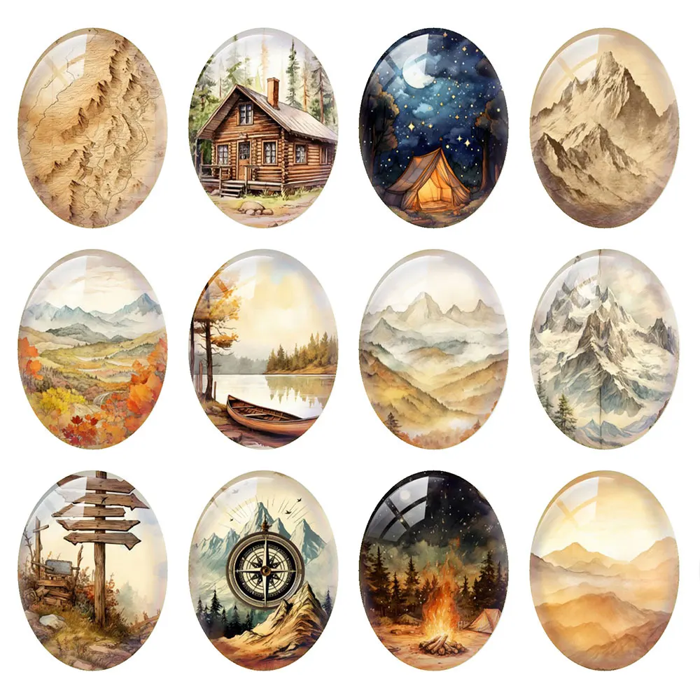 Random Mixed Round/Oval/Square Outdoor Camping Adventure Photo Glass Cabochon Flatback Demo Cameo For Diy Jewelry Making