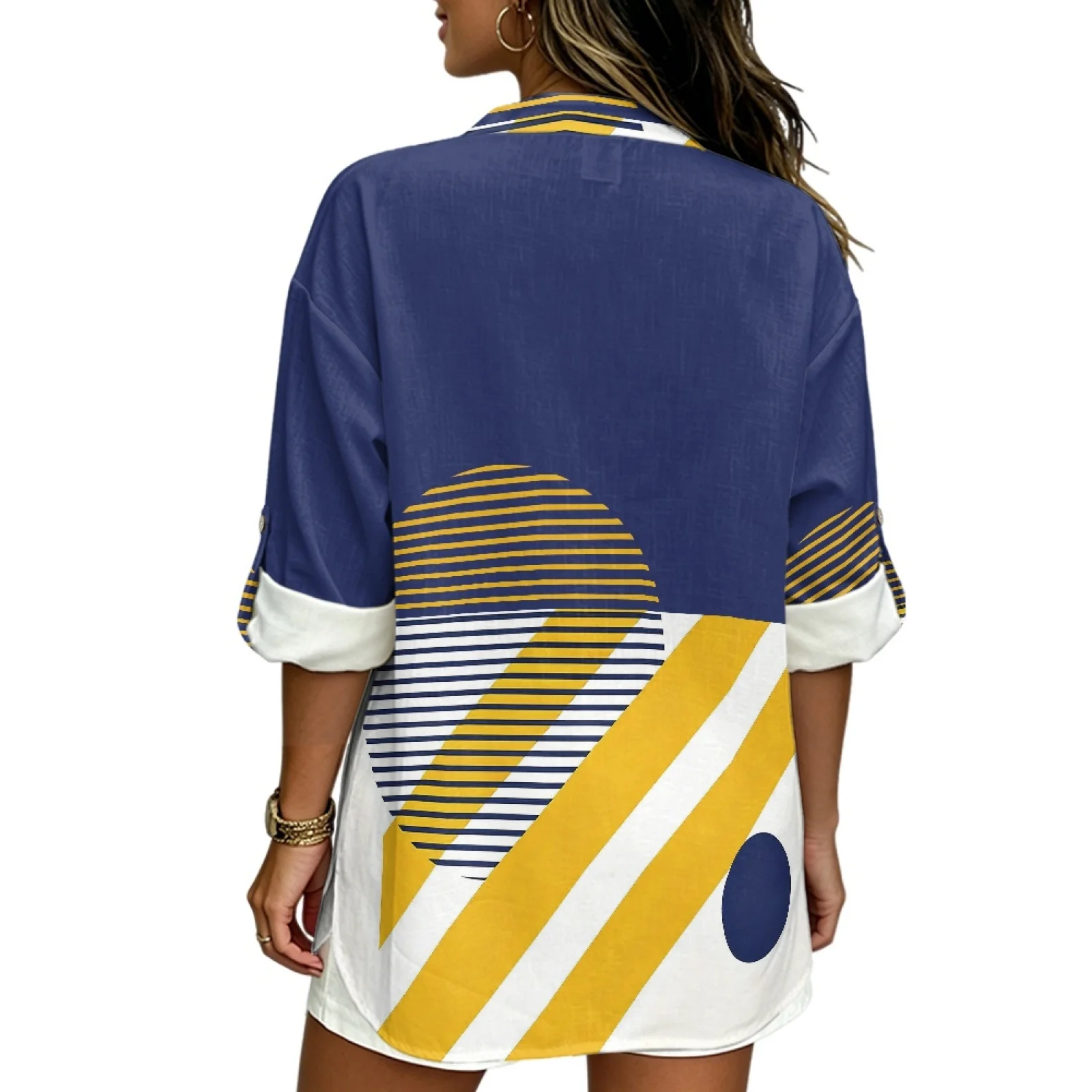 INSTANTARTS Women'S Linen V-Neck Shirt Breathable Long-Sleeved Top Blouse Roll-Up Cuffs Lightweight Comfortable Soft Abstract view 4