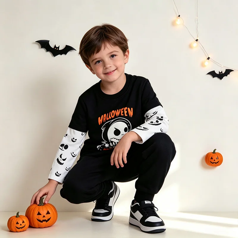 European and American style cotton boy's T-shirt 26 autumn new Halloween print small and medium child long-sleeved T-shirt