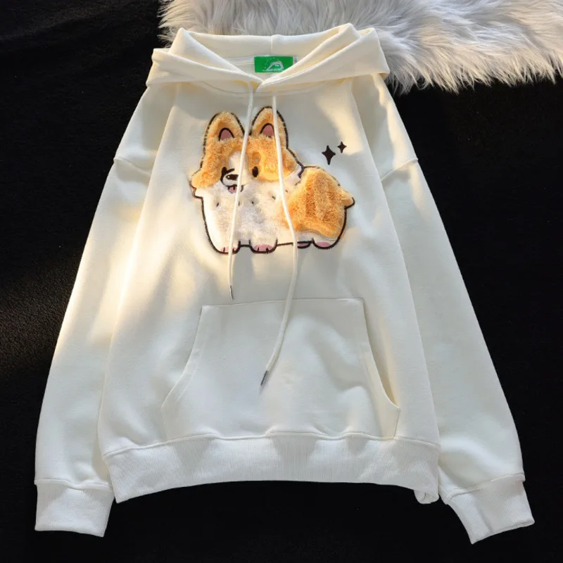 Flocking Cute Cartoon Dog Hoody Women Kawaii Clothes Couple Matching Hoodies Casual Hooded Sweatshirt Y2k Streetwear