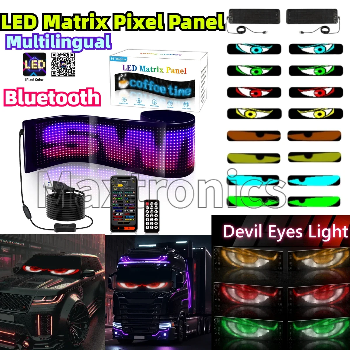 Multilingual LED Car Matrix Pixel Panel Bluetooth Remote APP Programmable Scrolling Advertising Sign Screen Truck Eye Display