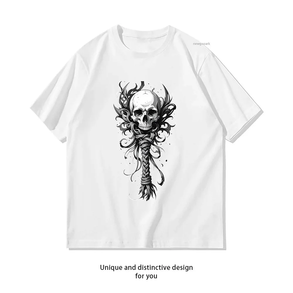 Skull Braided Hair Gothic Art T-Shirt Design  Casual Cotton Short Sleeve Tee for Men Women