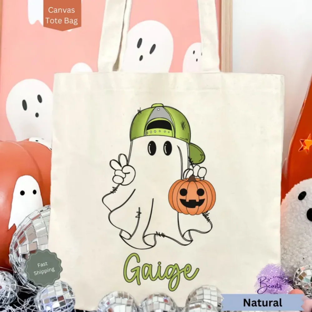 اسم مخصص للهالوين خدعة أو علاج حقيبة ، كيس حلوى الهالوين للأطفال ، حقيبة الهالوين مع اسم ، حقيبة قماش الهالوين لصبي/فتاة