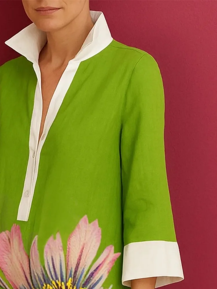 UOOZEE 여성용 빈티지 우아한 꽃 프린트 이브닝 미니 드레스 루즈한 3/4 소매 H라인 라펠 셔츠 드레스 2025