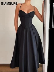 IAMSURE Elegant Fashion Slim Solid A-Line Dress Sexy Patchwork Slash Neck Sleeveless Maxi Dresses For Women 2024 Summer Ladies