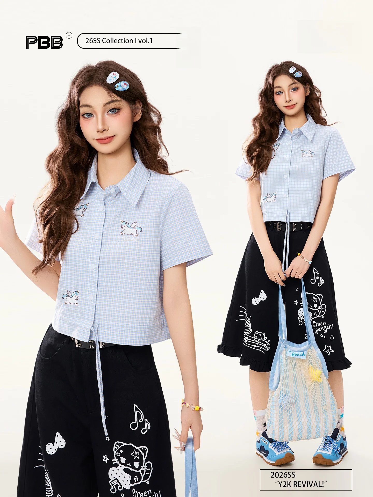 

PBB American Retro orn Cartoon ort Sve irt Women Sweet Waist Tie Plaid irt Casual Loose Fit Cotton Summer