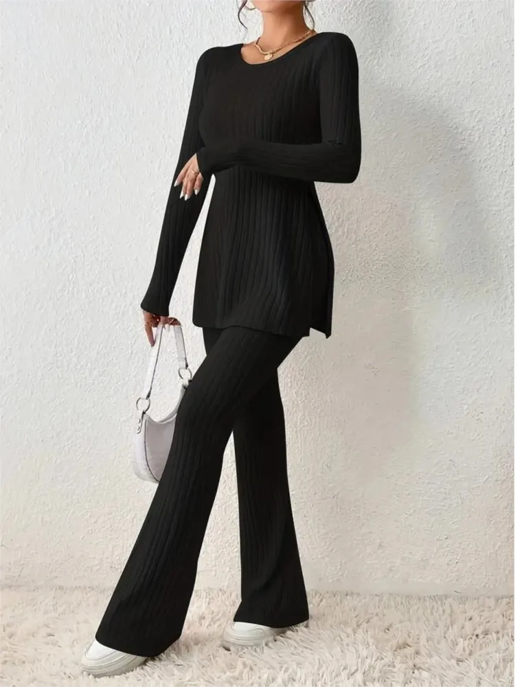 2024 Fall Winter Knitted 2 Piece Suits Women Long Sleeve Ribbed Slit Long Top And High Waist Pencil Pants Set Fashion Outfit