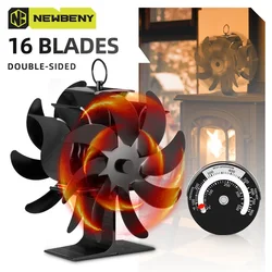 16 Blades Double Sided Black Fireplace Fan Log Wood Burner Ecological Efficient Home Heat Distribution Quiet Stove Fan