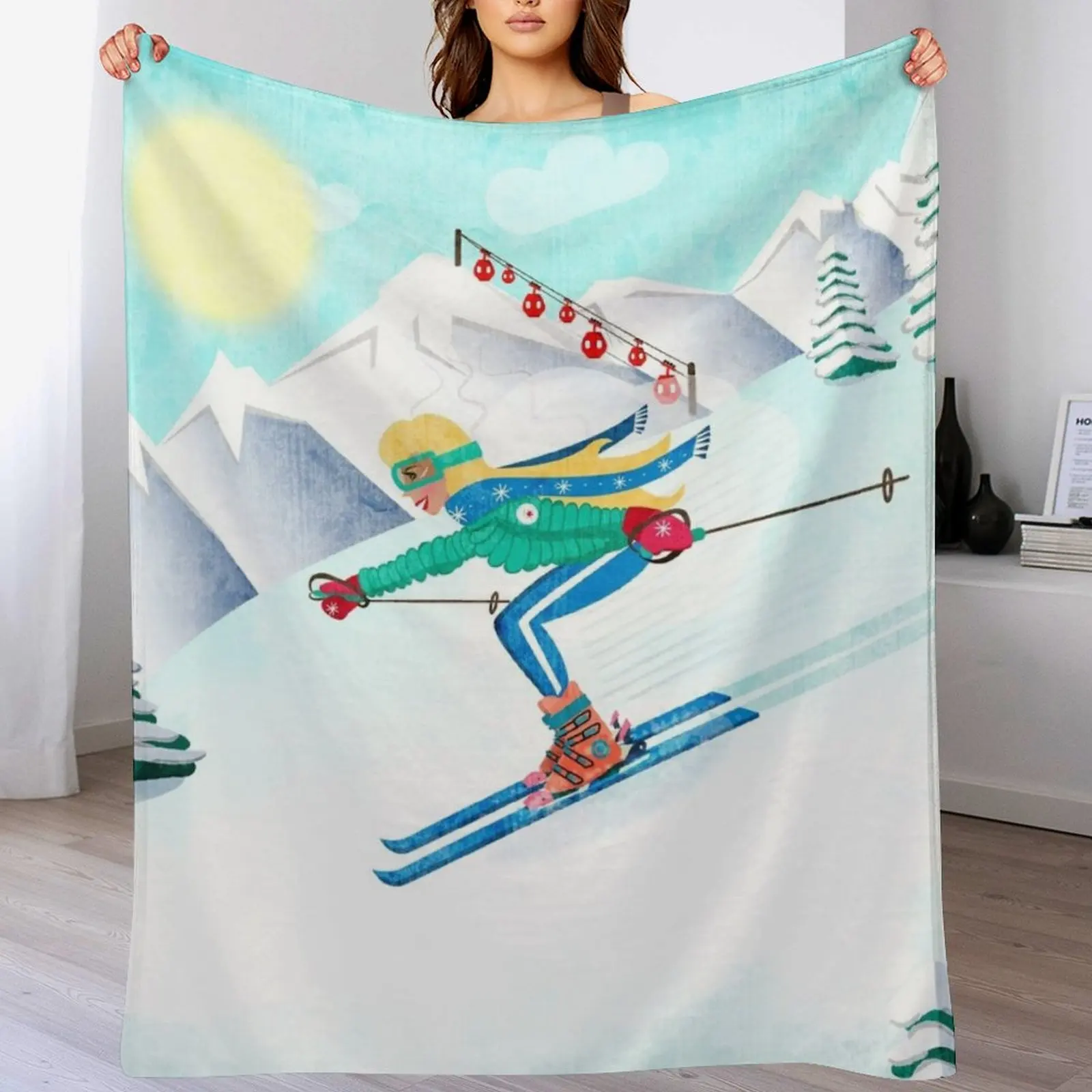 

Skiing Girl Illustration Throw Blanket Thermals For Travel Bed covers Blankets