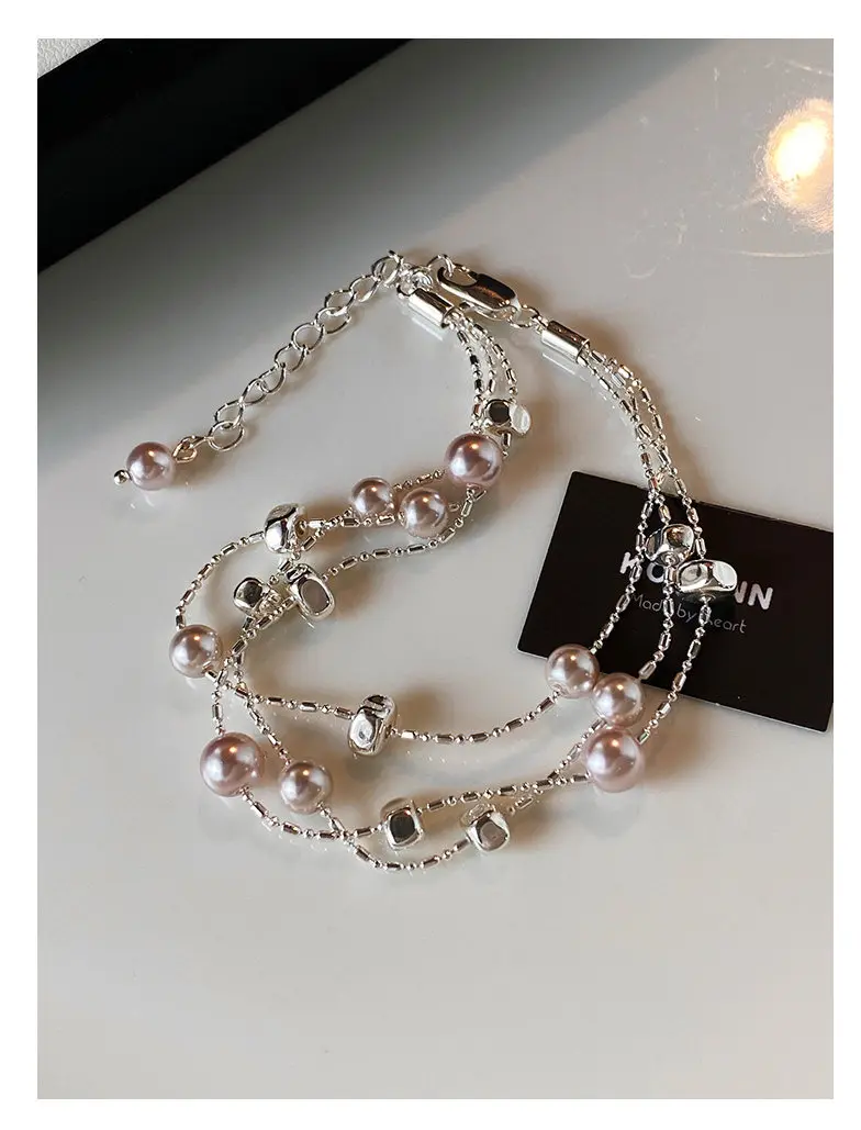 Manta Rose Lila Imitationsperlen Metall Dreischichtige Silberfarbene Armbänder für Frauen Luxus-Schmuck Stilvolles Handgelenk-Accessoire – Detail 10