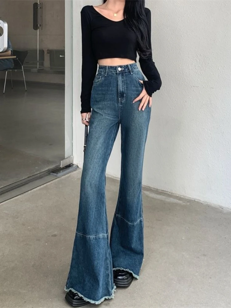 

Women's Vintage Denim Pants 2026 New High Waist Frayed Hem Flare Jeans Slim Fit Designer Casual Trousers