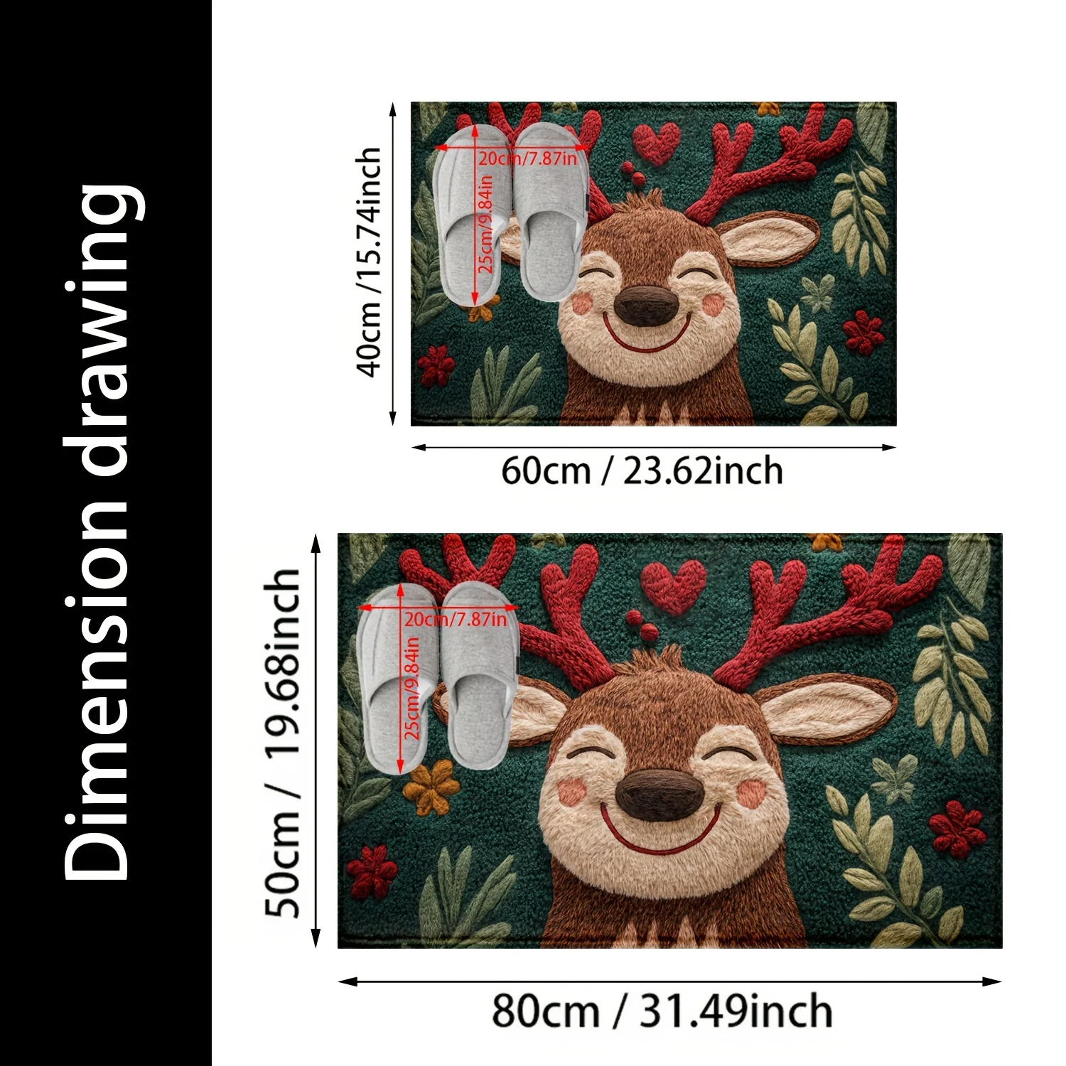Fluffy Christmas Deer Bath Mat - Quick-Dry & Absorbent, Festive Holiday Design with Red Berries & Green Leaves bathroom mat