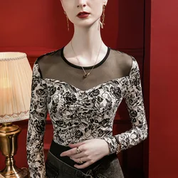 #4356 Spring Summer Split Joint Mesh Round Neck Vintage Long Sleeve T Shirt Women Thin Sexy Folds Printed Skinny T Shirt Ladies