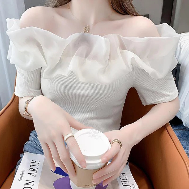 Off Shoulder Sexy Chic Sweet Crop Top Women Summer Fashion Casual Ruffle Patchwork Black White Fairy Kawaii Short Sleeve T Shirt