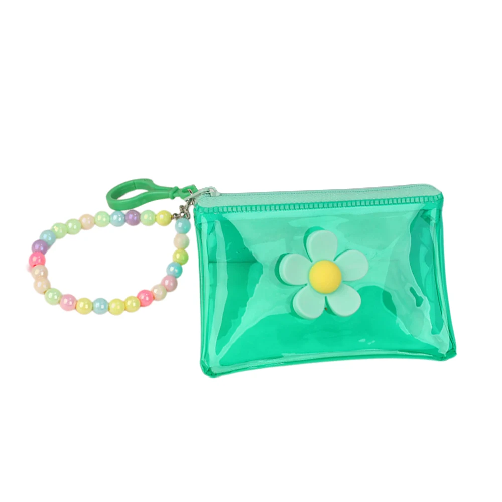 Colorful Coin Purse Pouch PVC With Bead Chain Transparent Portable Flower Zipper Card Bag Wallet Key Bag Card Holder Storage Bag